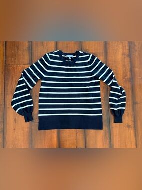 Marled Blue and White Striped Crewneck Knit Sweater